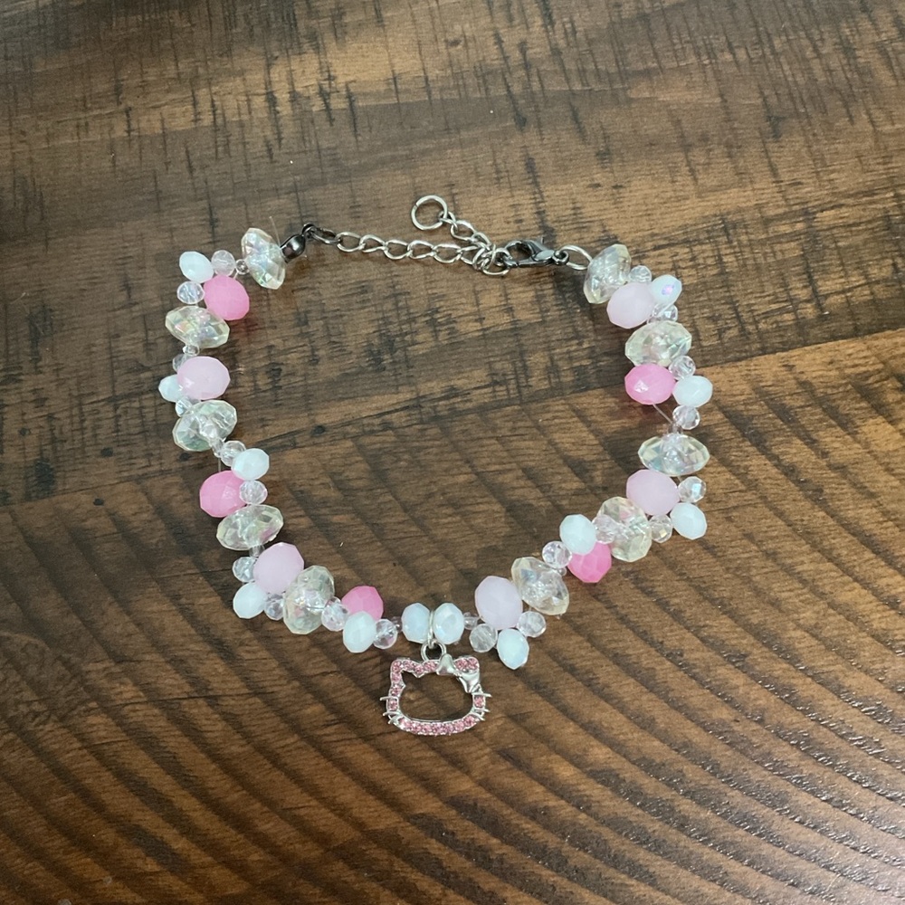 Pink and White Beaded Bracelet with Heart Charm Handmade